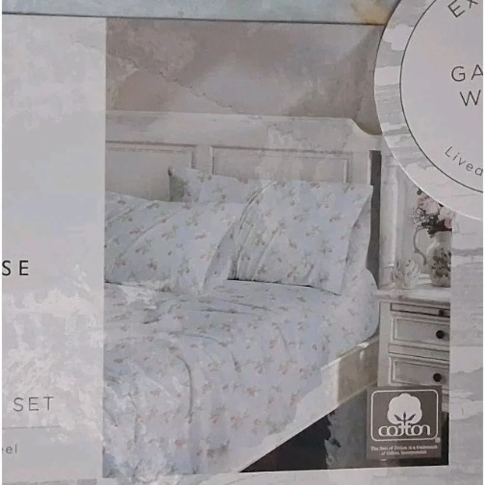 NIP Rachel Ashwell Farmhouse FULL 4 Pc Blue Sheet Set Pink Green Floral Cotton